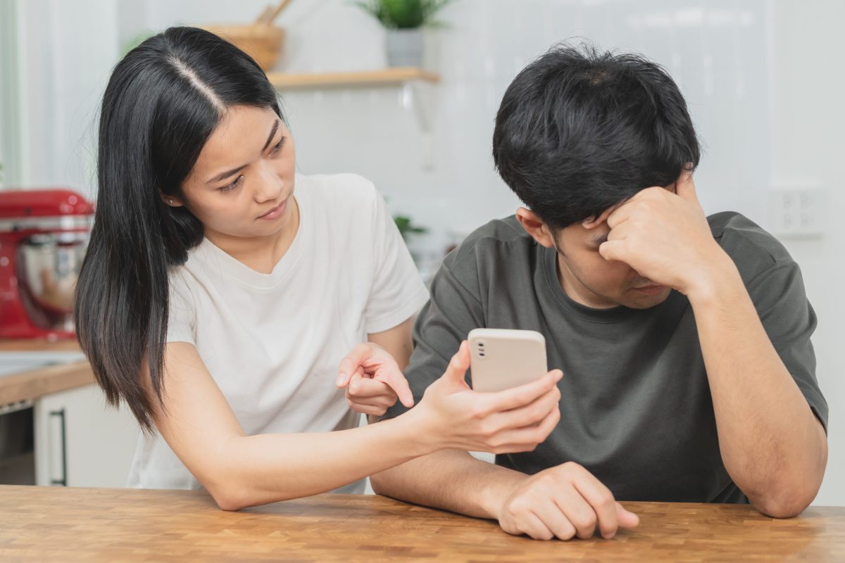 Infidelity, suspicion asian young couple love fight relationship